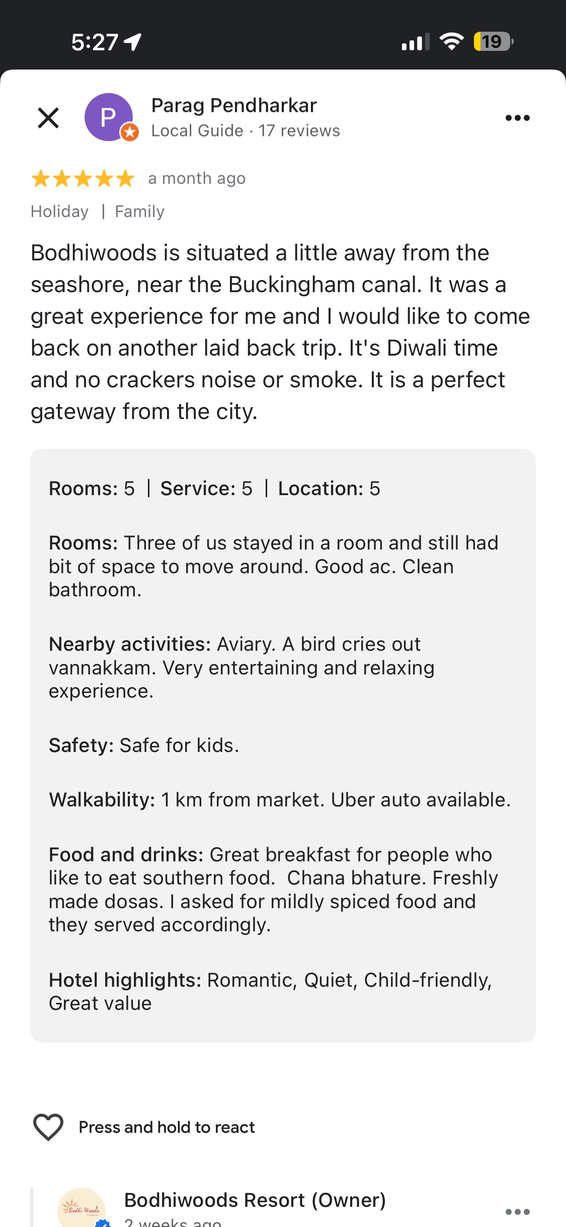 Parag Pendharkar 5 days ago ⭐⭐⭐⭐⭐ Bodhiwoods is situated a little away from the seashore, near the Buckingham canal. It was a great experience for me and I would like to come back on another laid back trip. It's Diwali time and no crackers noise or smoke. It is a perfect gateway from the city. Google Review